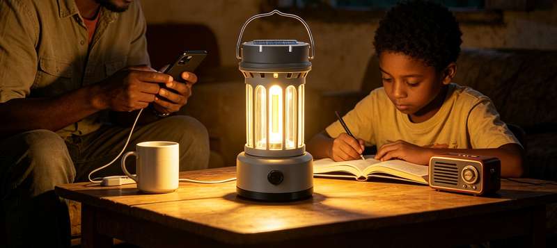 A Kenyan family studies by the warm light of a XUYU solar lantern at home at night