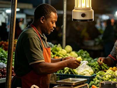 XY900 solar lantern hanging at a night-market vegetable stall